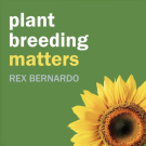 Podcast cover, green background; title "plant breeding matters", author Rex Bernardo, sunflower
